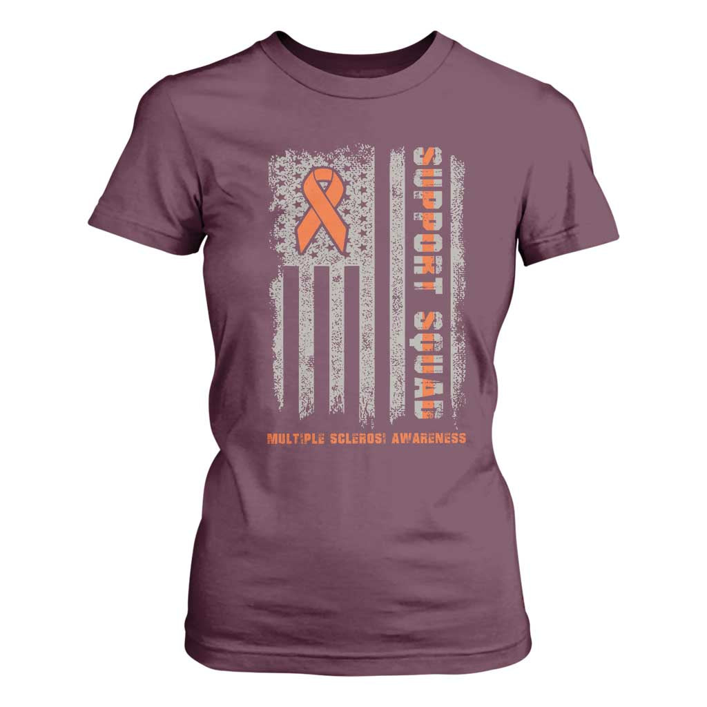MS Support Squad T Shirt For Women Orange Ribbon Multiple Sclerosis Fighter USA Flag