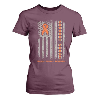 MS Support Squad T Shirt For Women Orange Ribbon Multiple Sclerosis Fighter USA Flag