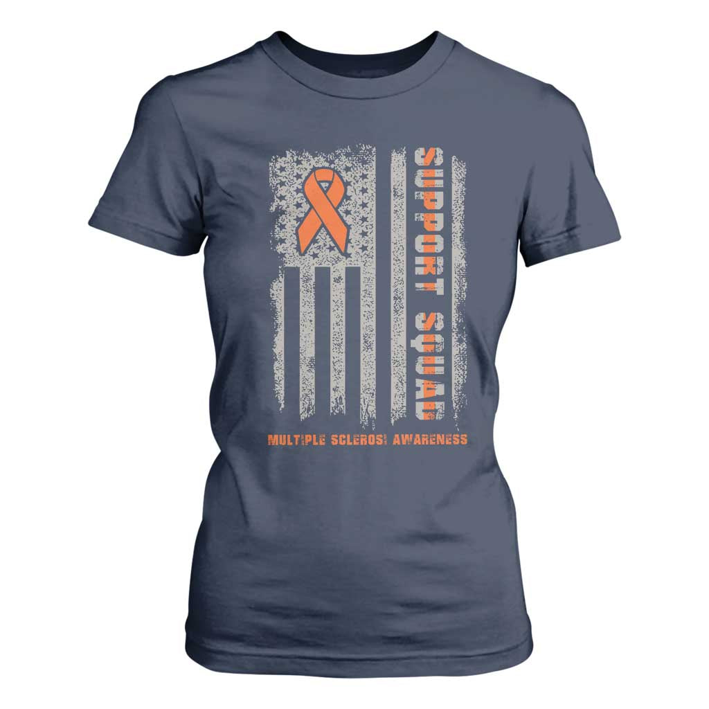 MS Support Squad T Shirt For Women Orange Ribbon Multiple Sclerosis Fighter USA Flag