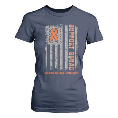 MS Support Squad T Shirt For Women Orange Ribbon Multiple Sclerosis Fighter USA Flag