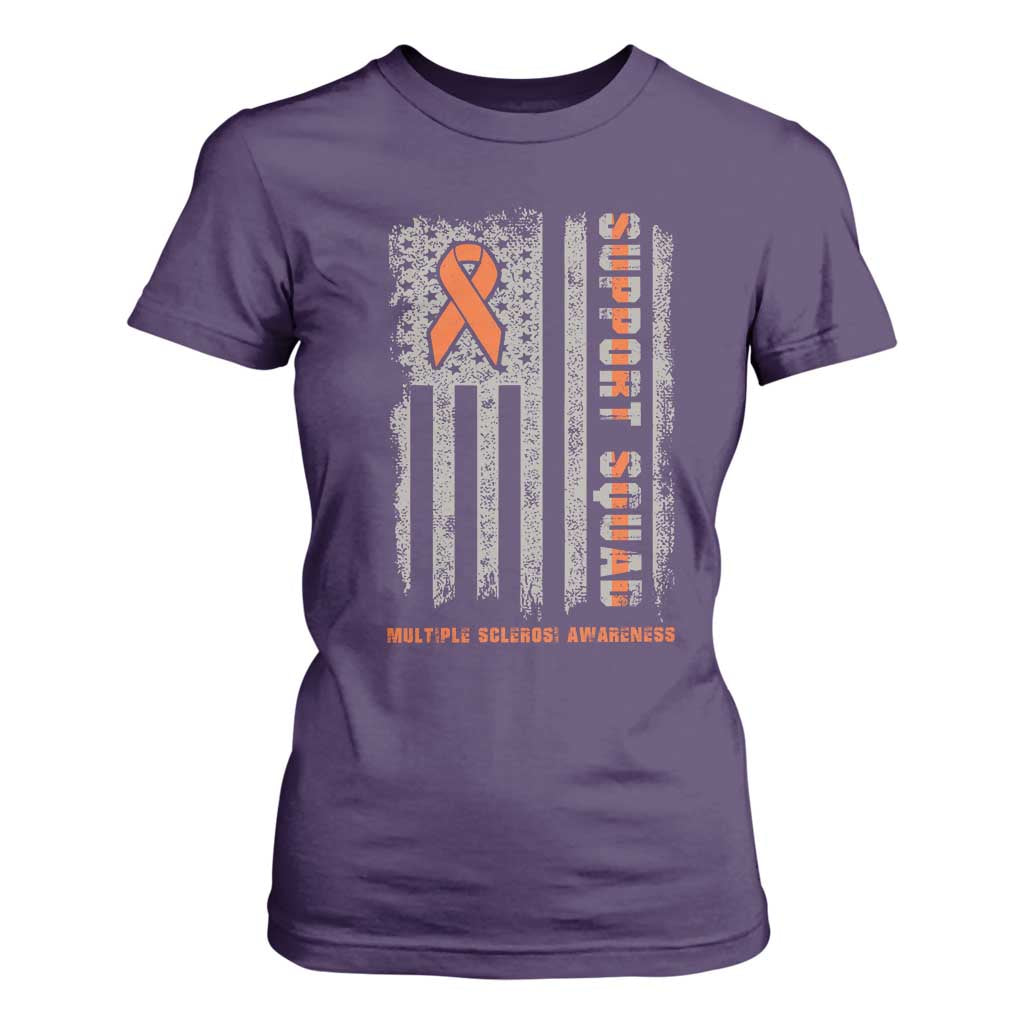 MS Support Squad T Shirt For Women Orange Ribbon Multiple Sclerosis Fighter USA Flag