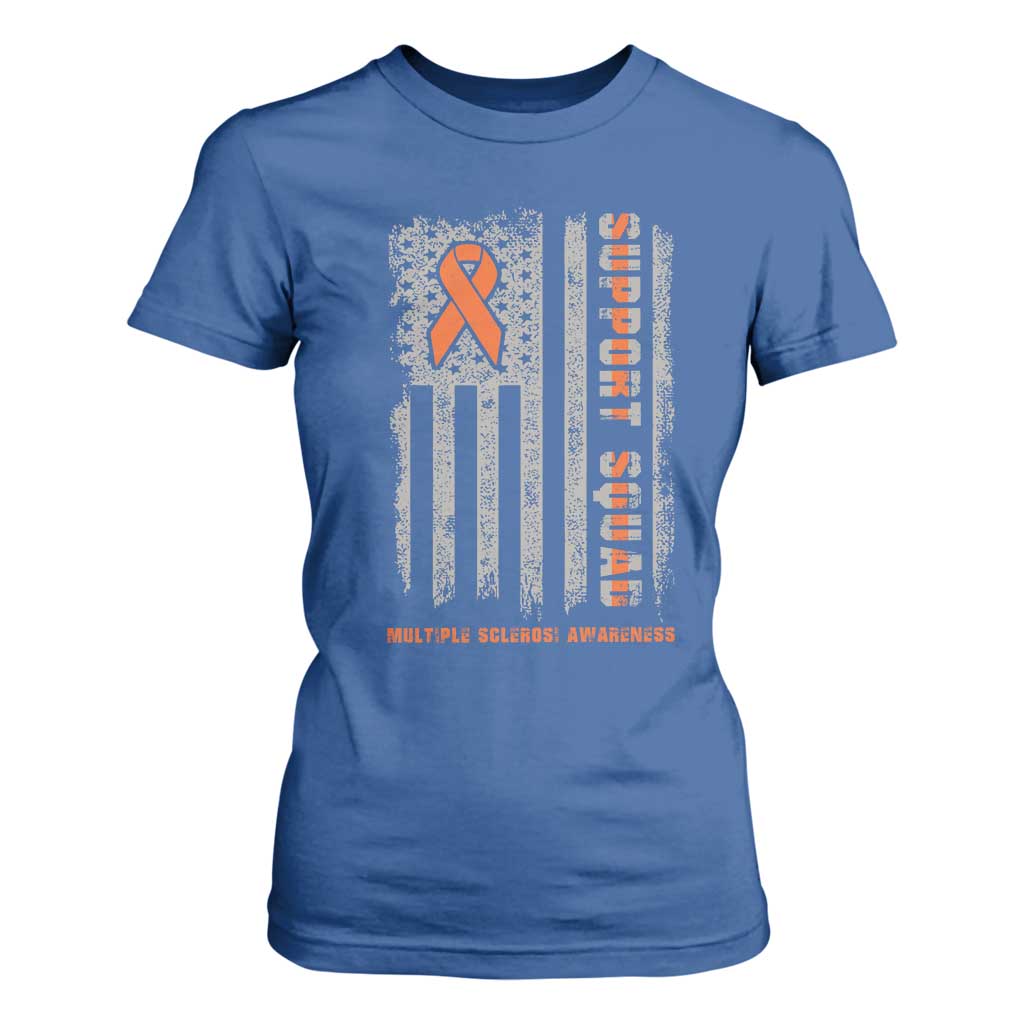 MS Support Squad T Shirt For Women Orange Ribbon Multiple Sclerosis Fighter USA Flag