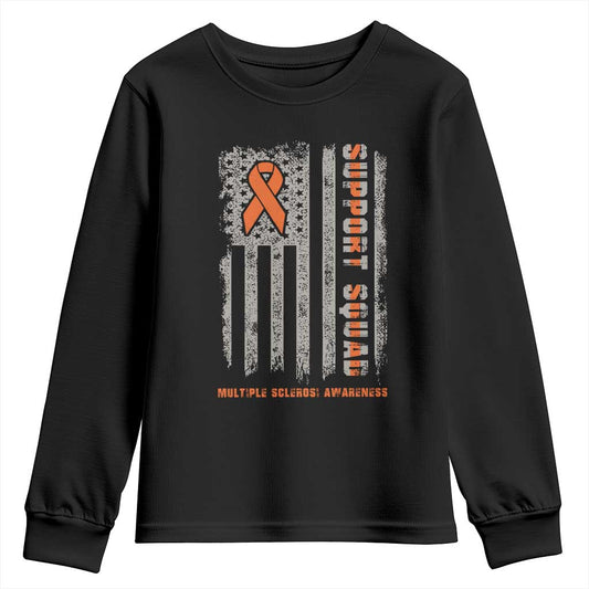 MS Support Squad Youth Sweatshirt Orange Ribbon Multiple Sclerosis Fighter USA Flag