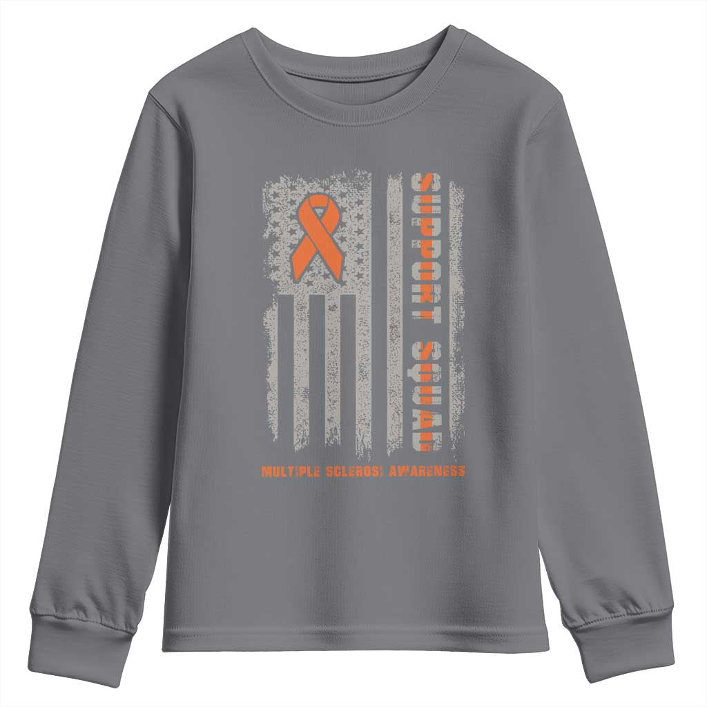 MS Support Squad Youth Sweatshirt Orange Ribbon Multiple Sclerosis Fighter USA Flag