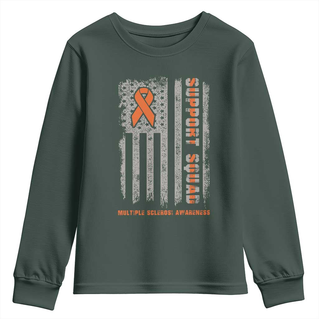 MS Support Squad Youth Sweatshirt Orange Ribbon Multiple Sclerosis Fighter USA Flag