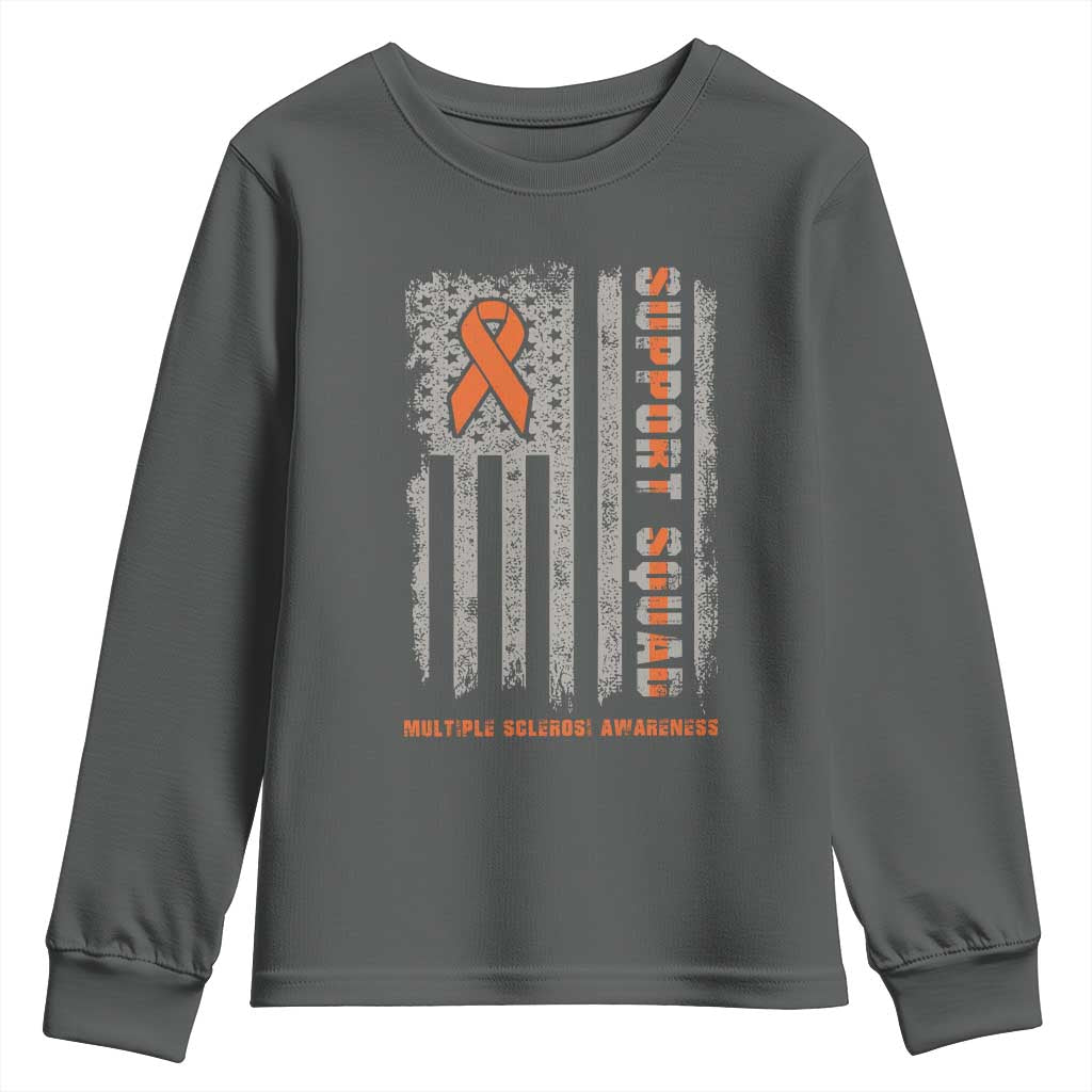 MS Support Squad Youth Sweatshirt Orange Ribbon Multiple Sclerosis Fighter USA Flag