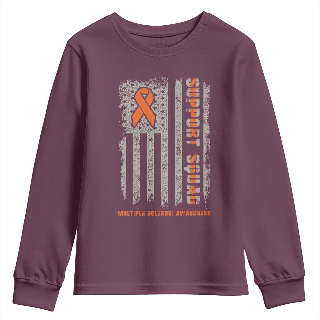 MS Support Squad Youth Sweatshirt Orange Ribbon Multiple Sclerosis Fighter USA Flag