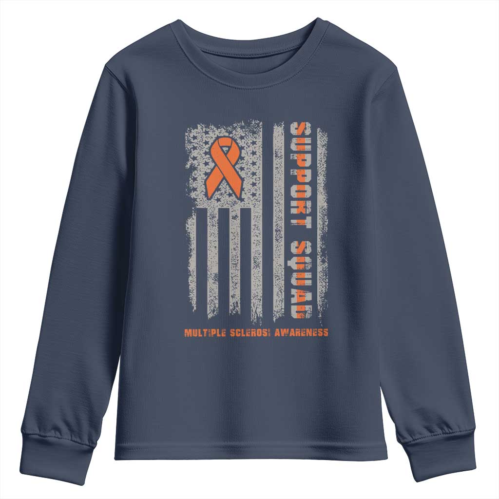 MS Support Squad Youth Sweatshirt Orange Ribbon Multiple Sclerosis Fighter USA Flag