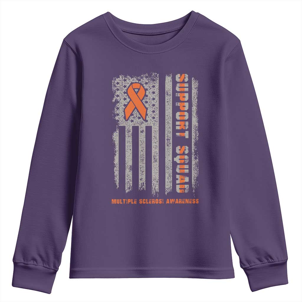 MS Support Squad Youth Sweatshirt Orange Ribbon Multiple Sclerosis Fighter USA Flag