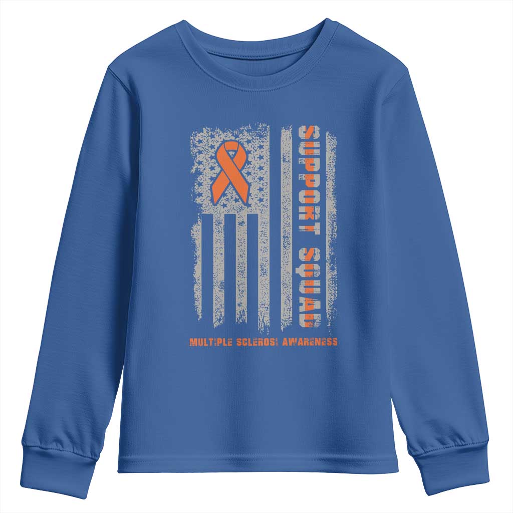 MS Support Squad Youth Sweatshirt Orange Ribbon Multiple Sclerosis Fighter USA Flag