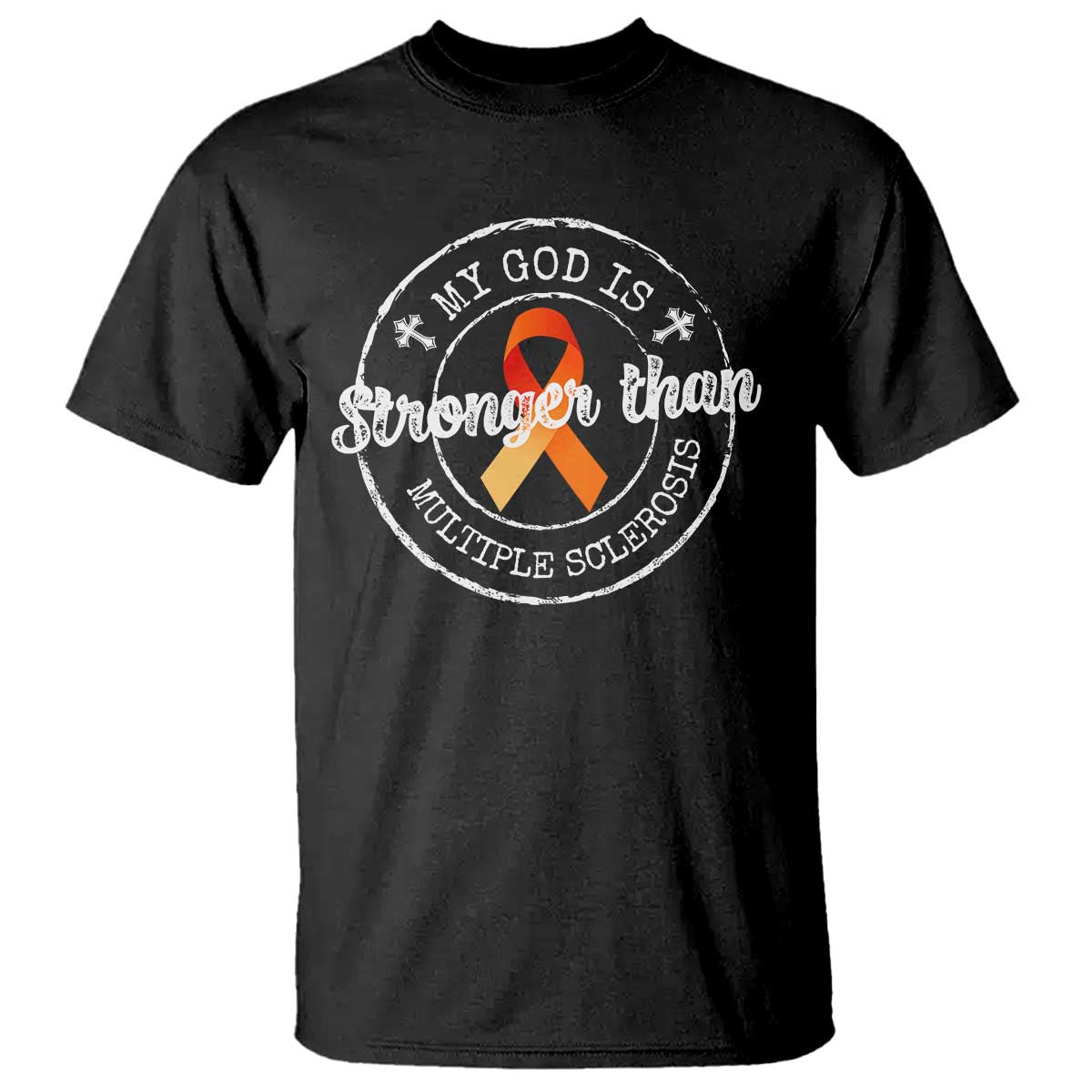 MS Support T Shirt Orange Ribbon God Stronger MS