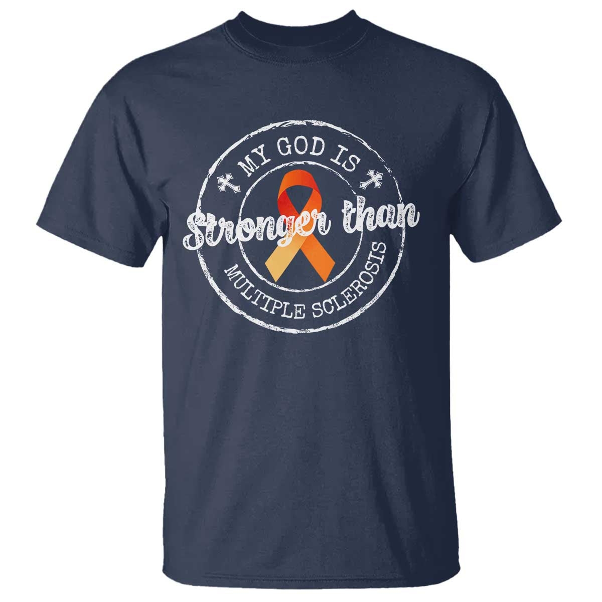MS Support T Shirt Orange Ribbon God Stronger MS