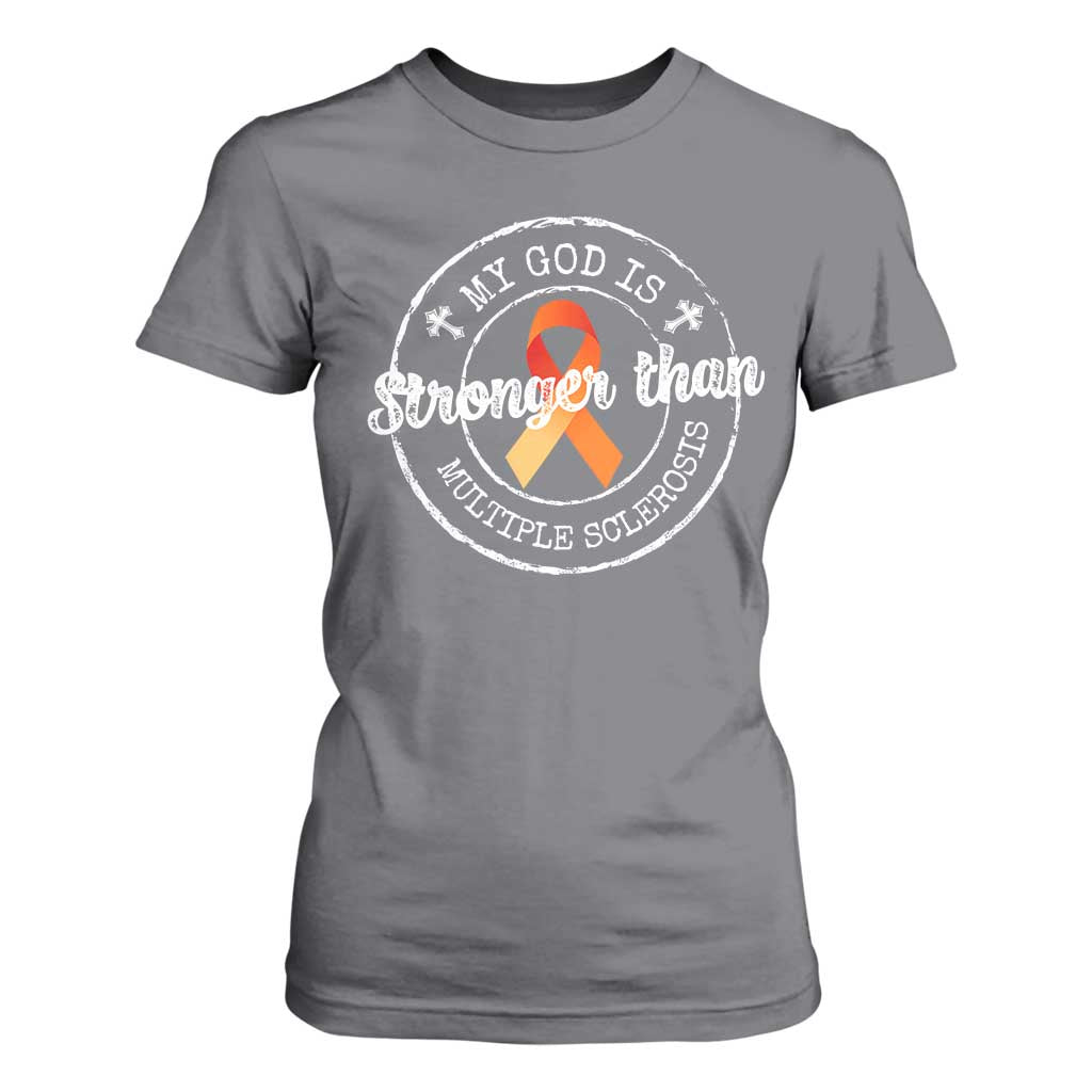 MS Support T Shirt For Women Orange Ribbon God Stronger MS