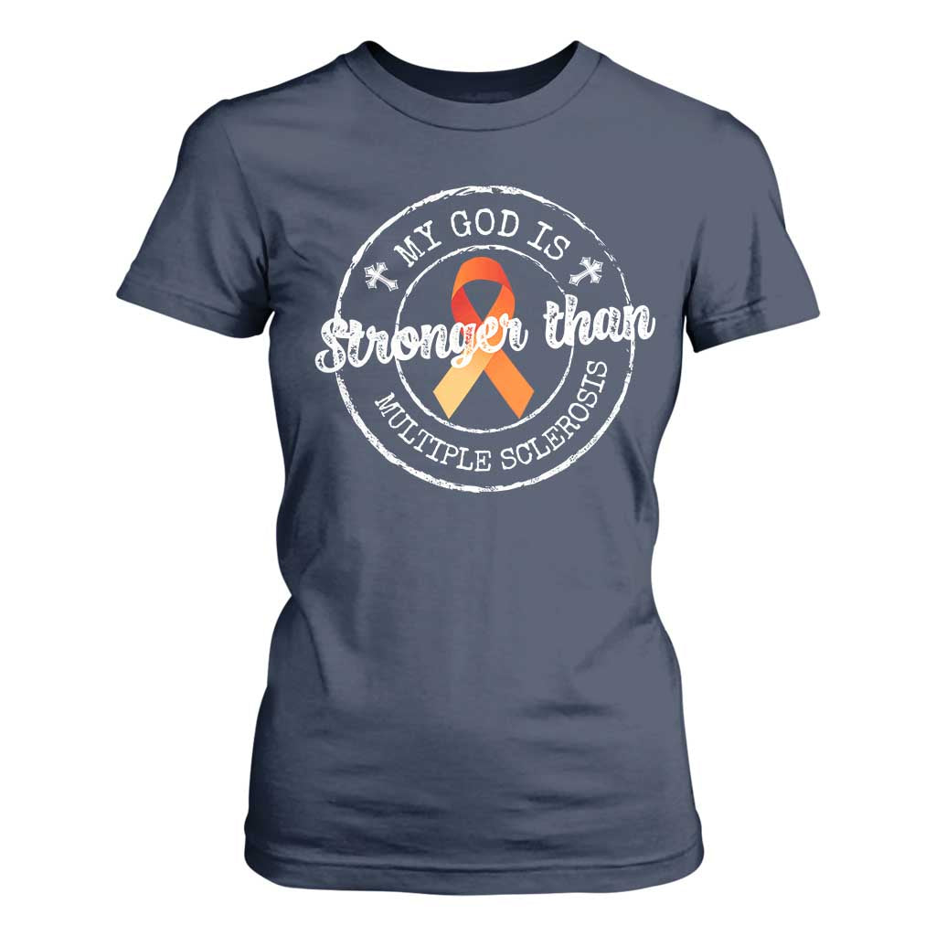MS Support T Shirt For Women Orange Ribbon God Stronger MS