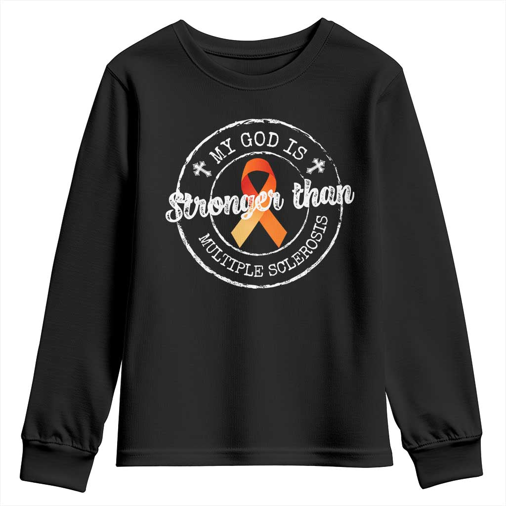 MS Support Youth Sweatshirt Orange Ribbon God Stronger MS
