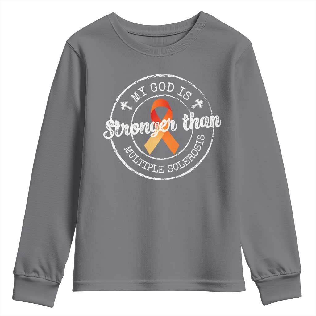 MS Support Youth Sweatshirt Orange Ribbon God Stronger MS