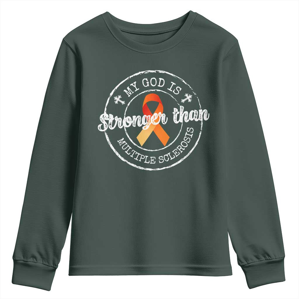 MS Support Youth Sweatshirt Orange Ribbon God Stronger MS
