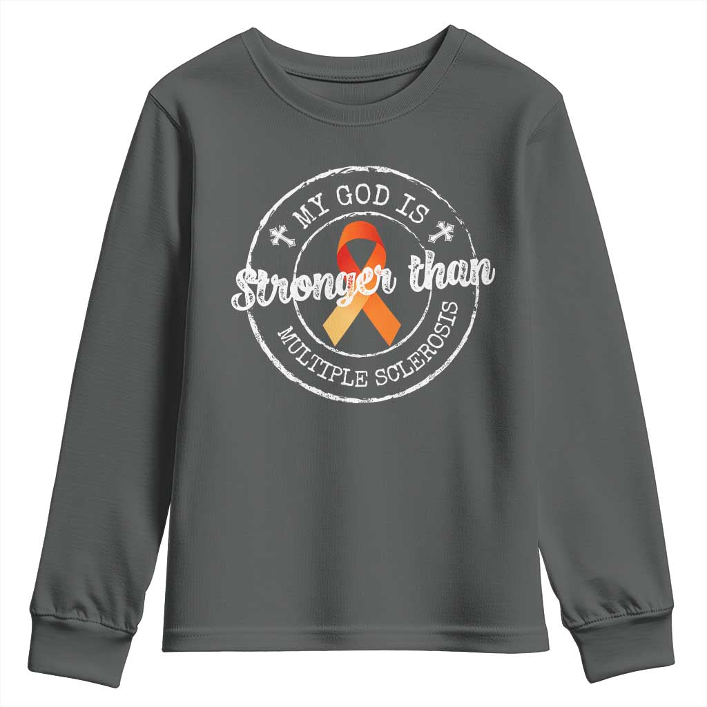 MS Support Youth Sweatshirt Orange Ribbon God Stronger MS