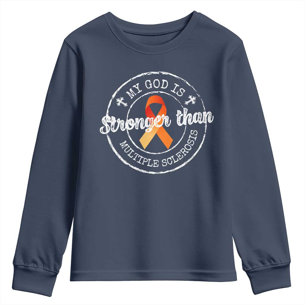 MS Support Youth Sweatshirt Orange Ribbon God Stronger MS
