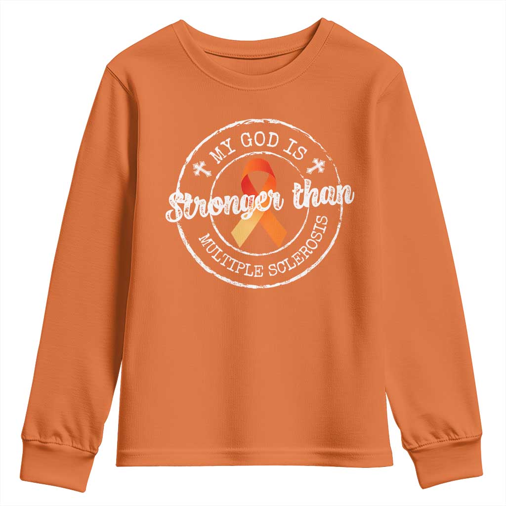 MS Support Youth Sweatshirt Orange Ribbon God Stronger MS