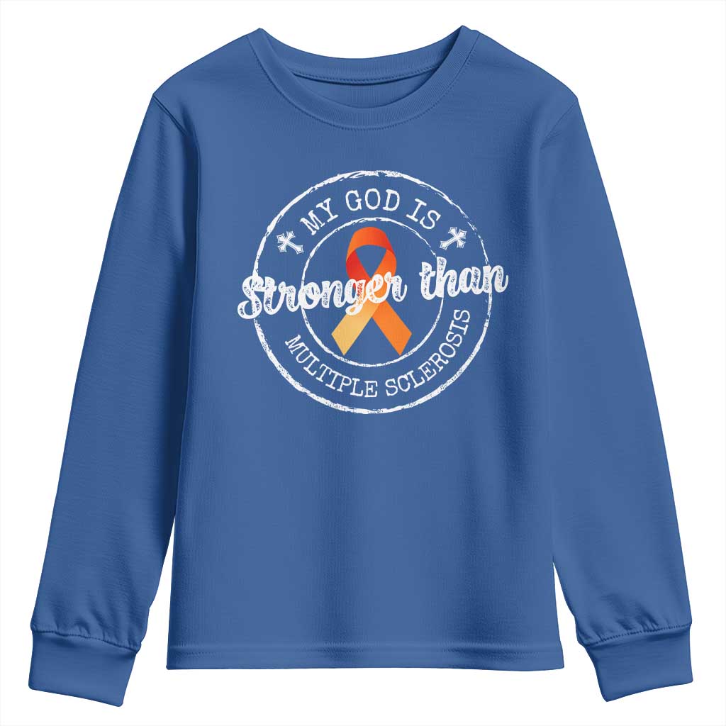 MS Support Youth Sweatshirt Orange Ribbon God Stronger MS