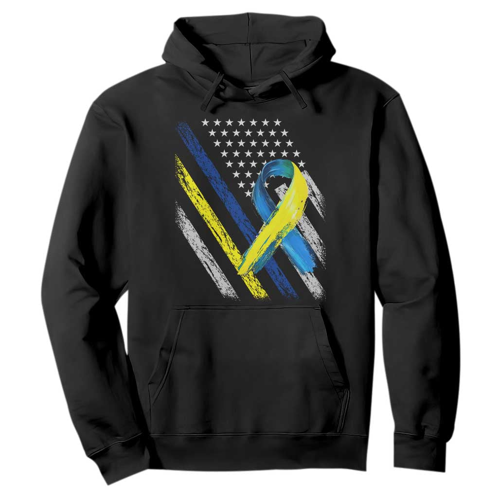 World Down Syndrome Day Hoodie Blue Yellow Ribbon American Flag T21 321