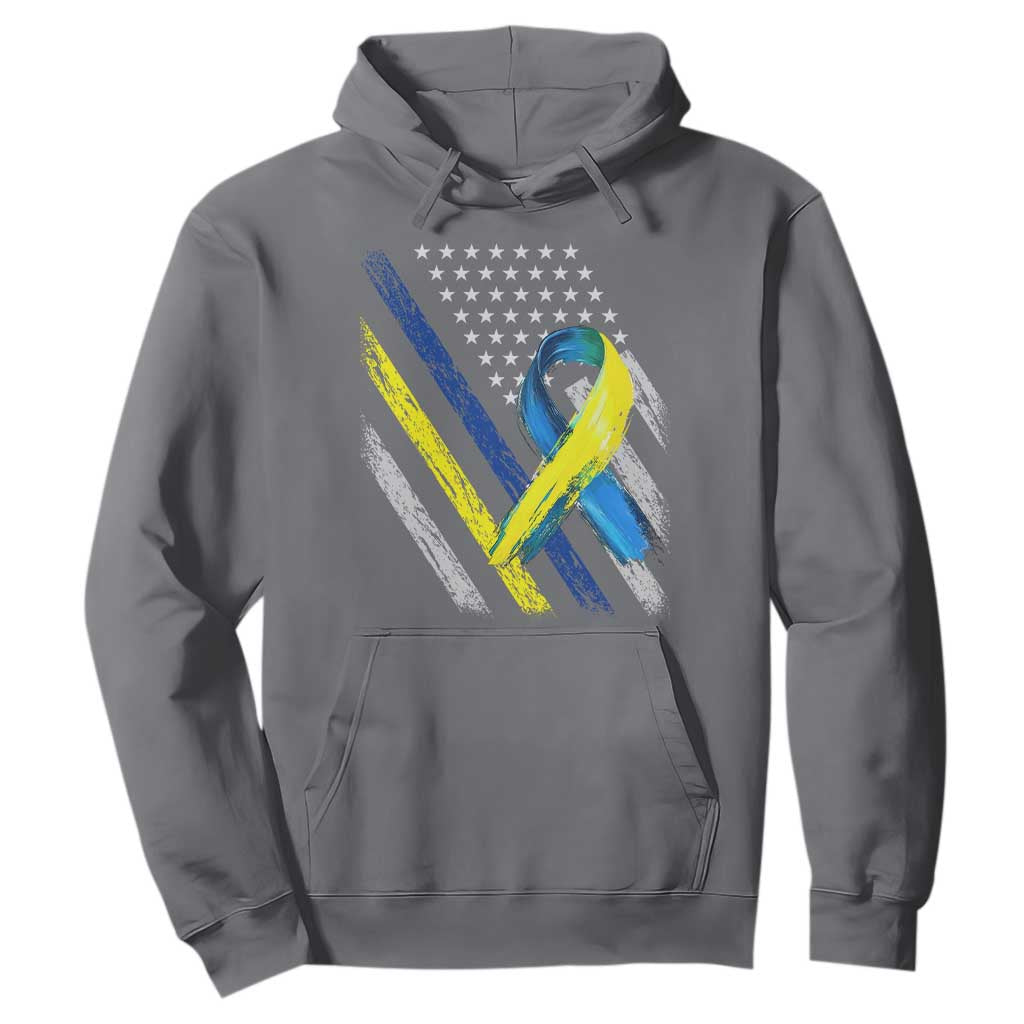 World Down Syndrome Day Hoodie Blue Yellow Ribbon American Flag T21 321
