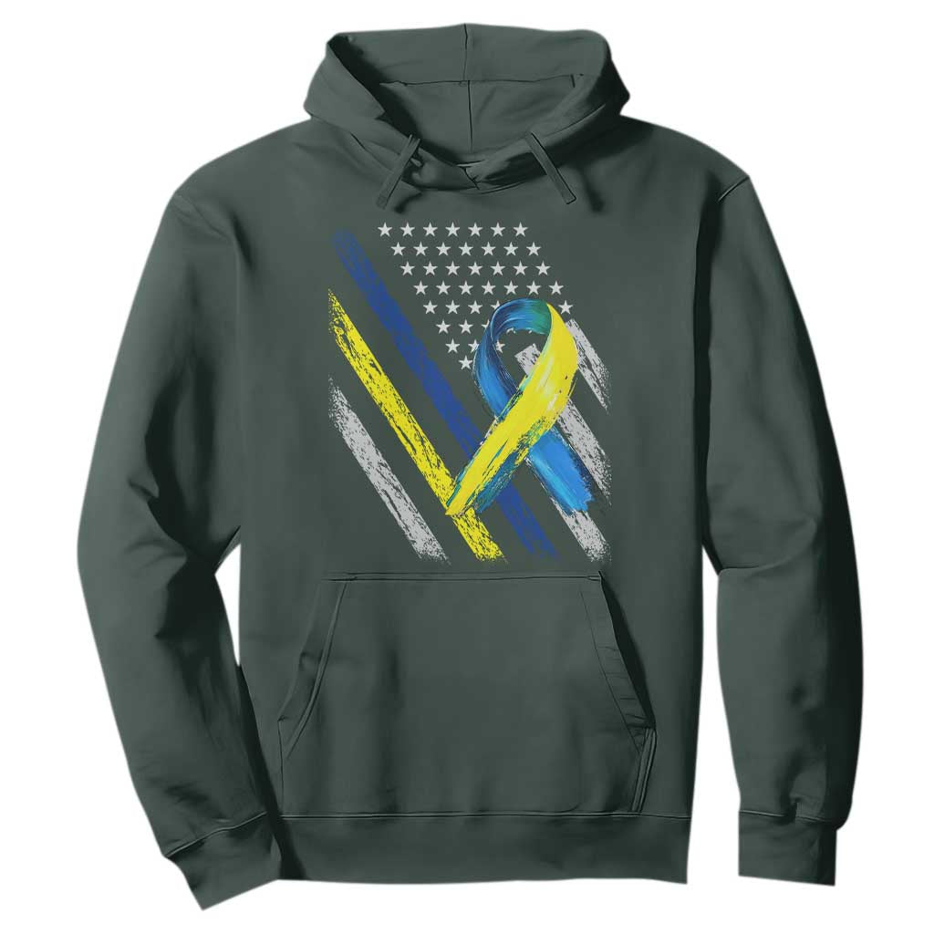 World Down Syndrome Day Hoodie Blue Yellow Ribbon American Flag T21 321