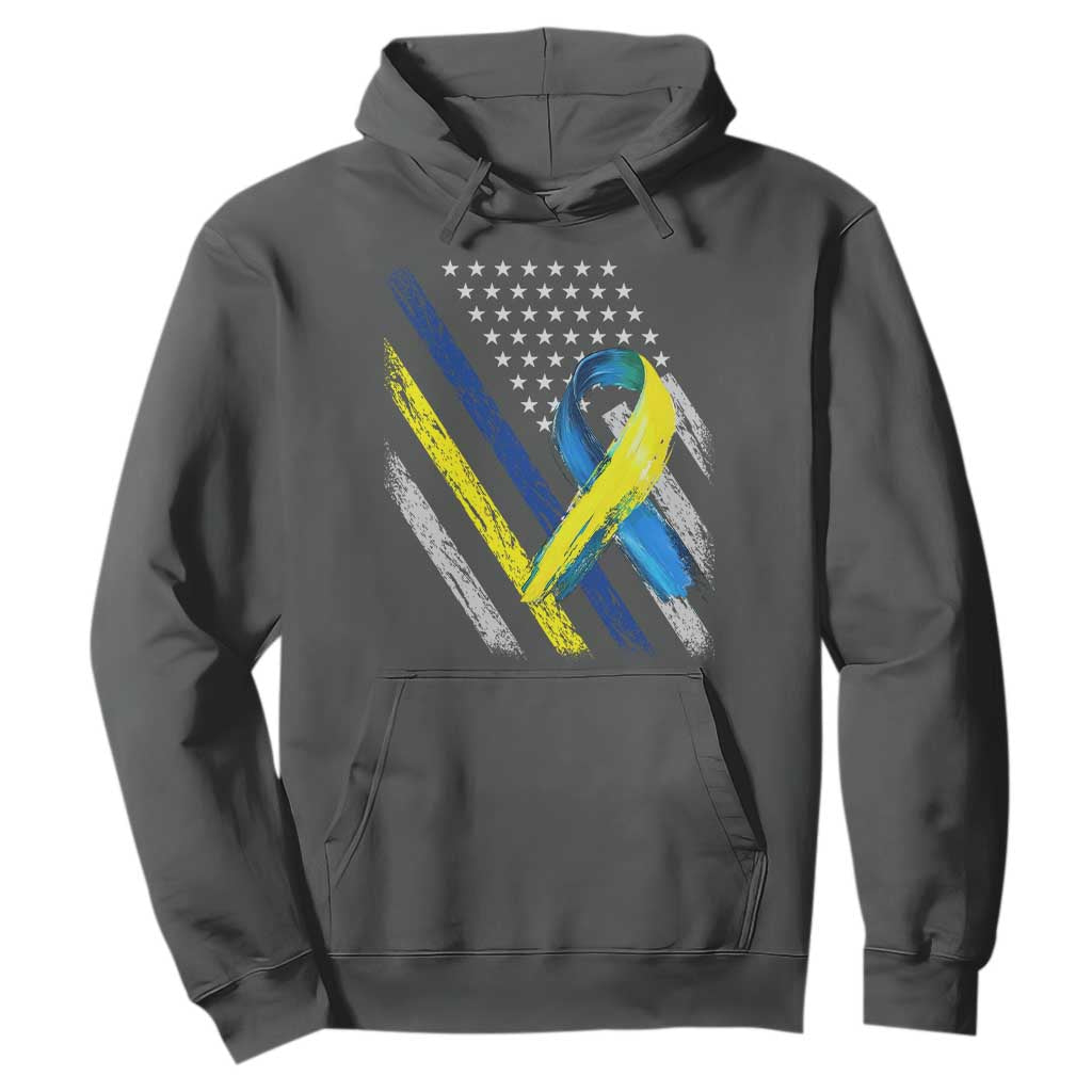 World Down Syndrome Day Hoodie Blue Yellow Ribbon American Flag T21 321
