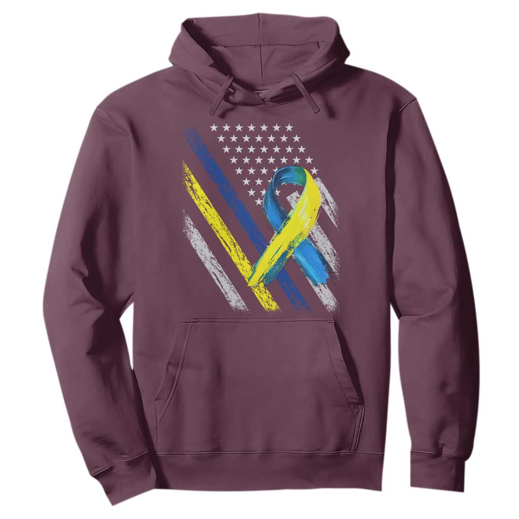 World Down Syndrome Day Hoodie Blue Yellow Ribbon American Flag T21 321