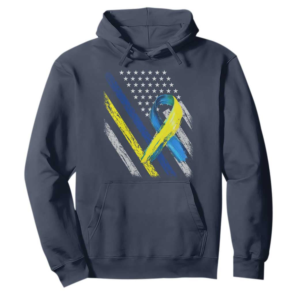 World Down Syndrome Day Hoodie Blue Yellow Ribbon American Flag T21 321