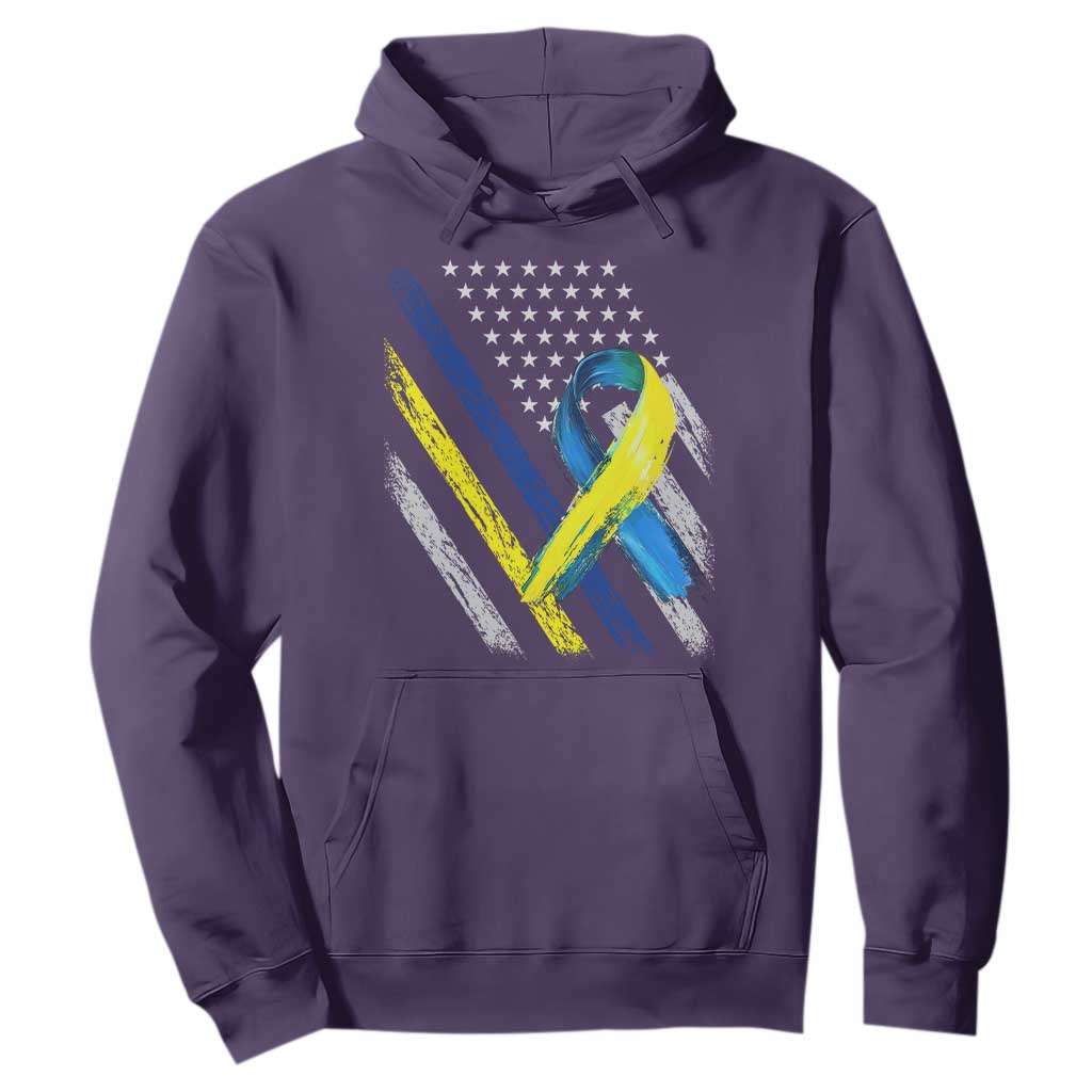 World Down Syndrome Day Hoodie Blue Yellow Ribbon American Flag T21 321
