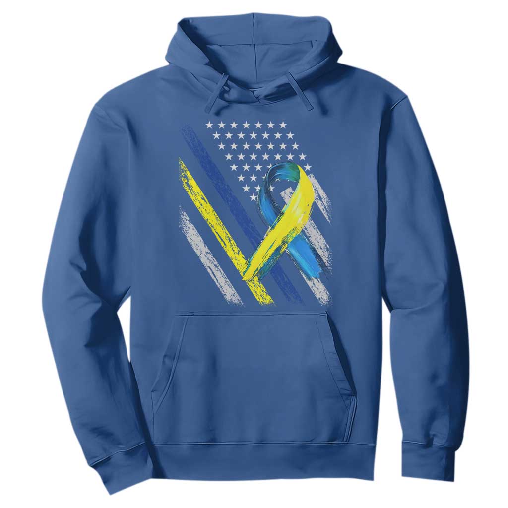 World Down Syndrome Day Hoodie Blue Yellow Ribbon American Flag T21 321