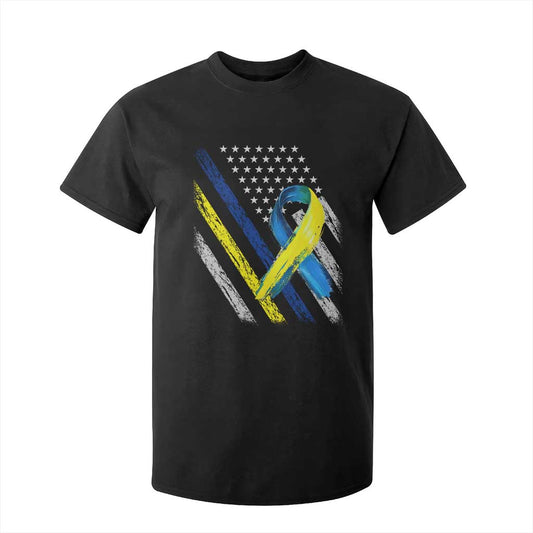 World Down Syndrome Day T Shirt For Kid Blue Yellow Ribbon American Flag T21 321