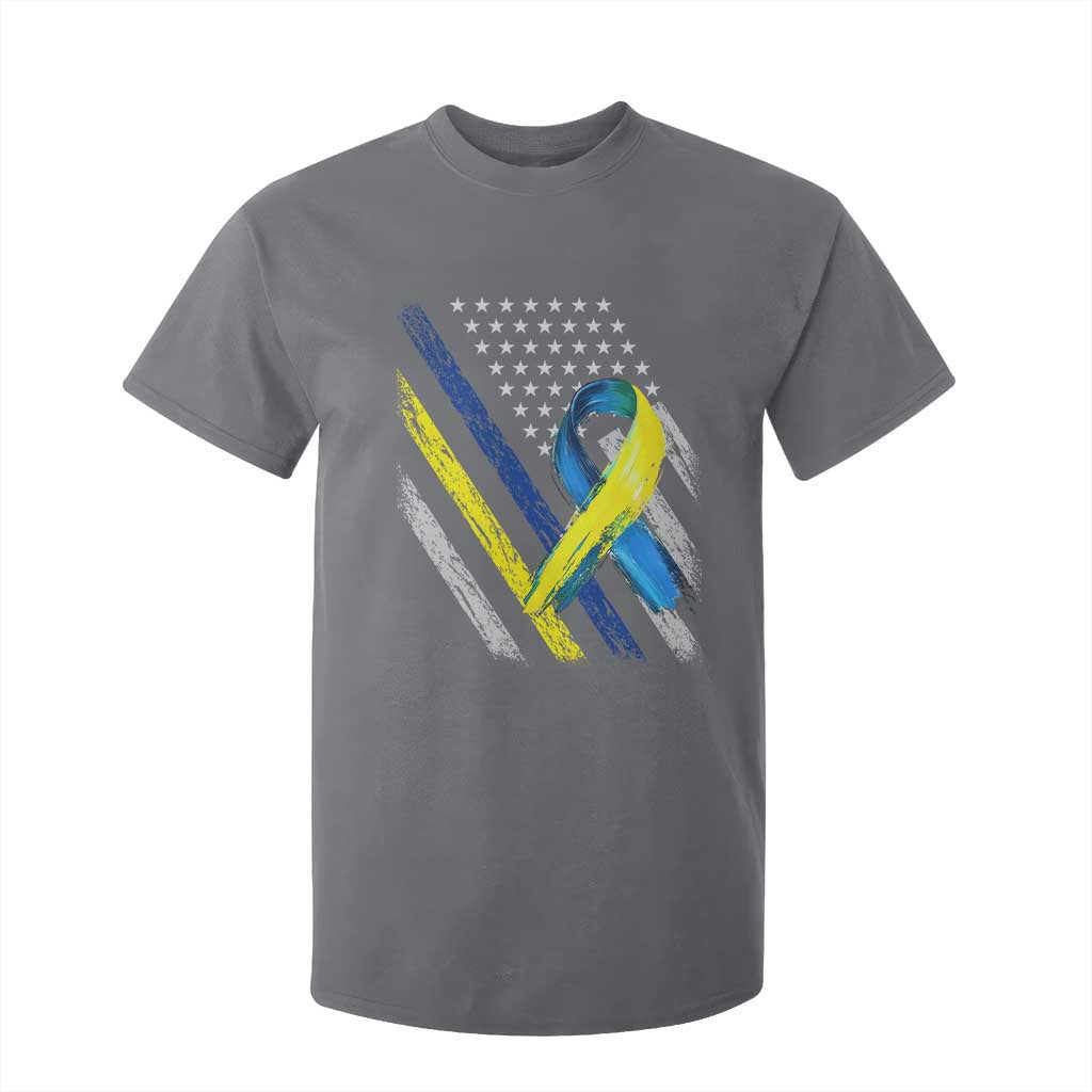 World Down Syndrome Day T Shirt For Kid Blue Yellow Ribbon American Flag T21 321