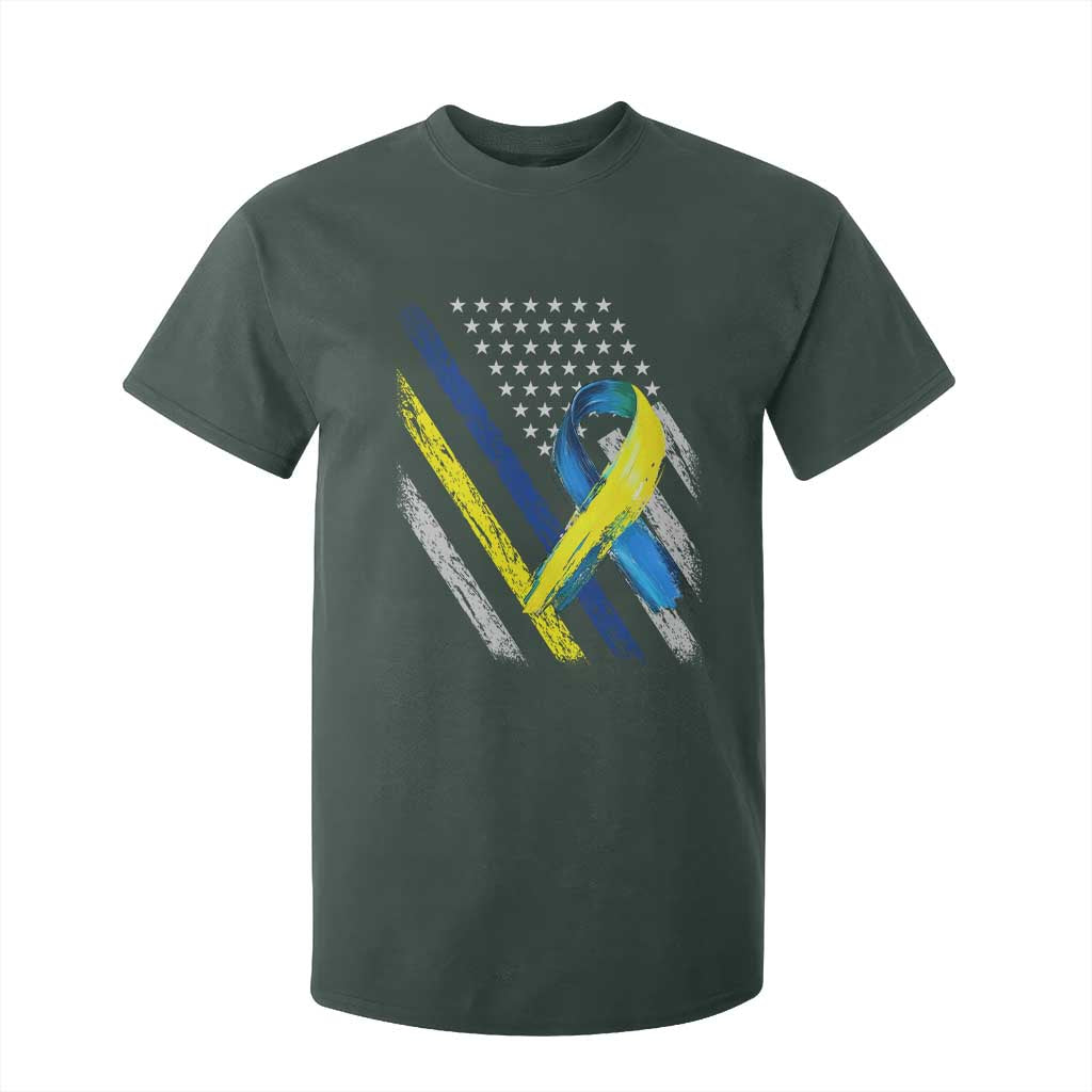 World Down Syndrome Day T Shirt For Kid Blue Yellow Ribbon American Flag T21 321