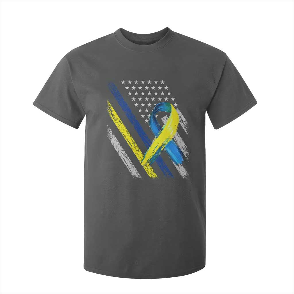 World Down Syndrome Day T Shirt For Kid Blue Yellow Ribbon American Flag T21 321