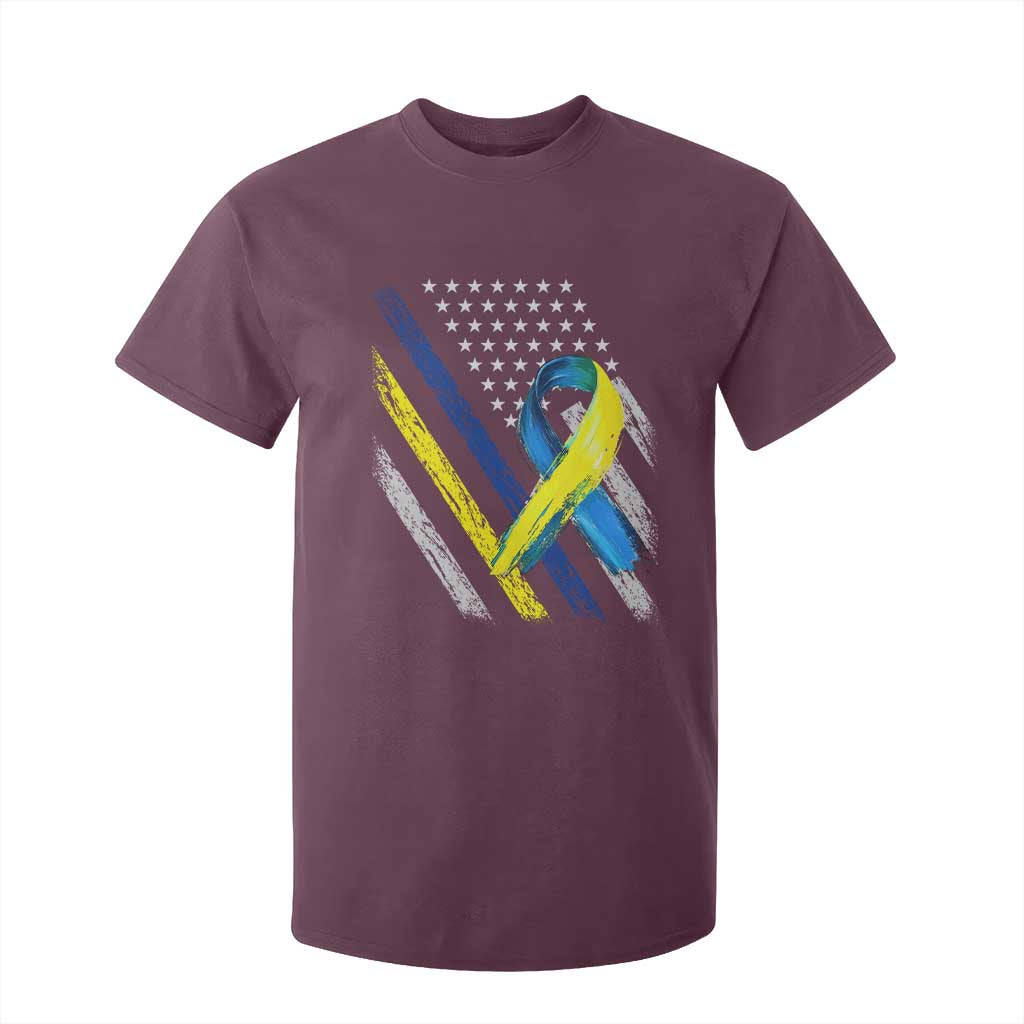 World Down Syndrome Day T Shirt For Kid Blue Yellow Ribbon American Flag T21 321