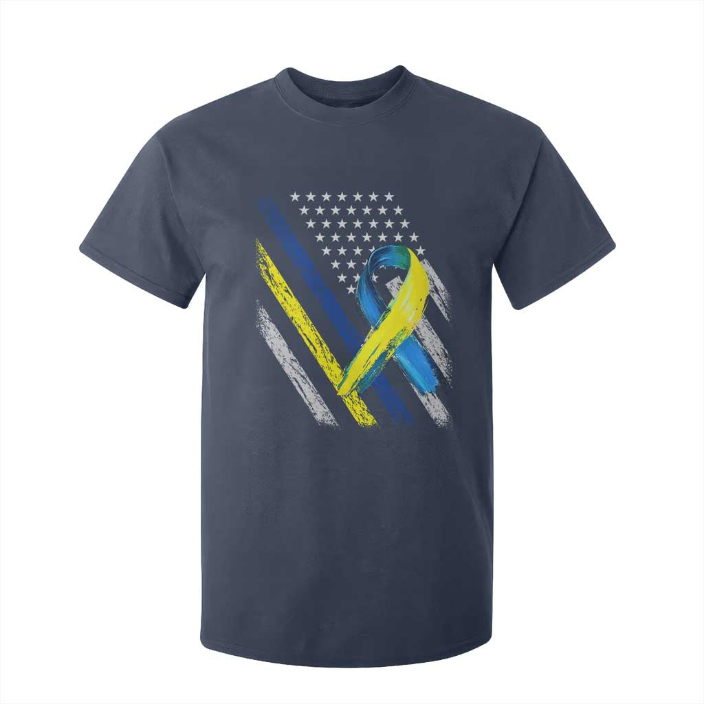 World Down Syndrome Day T Shirt For Kid Blue Yellow Ribbon American Flag T21 321