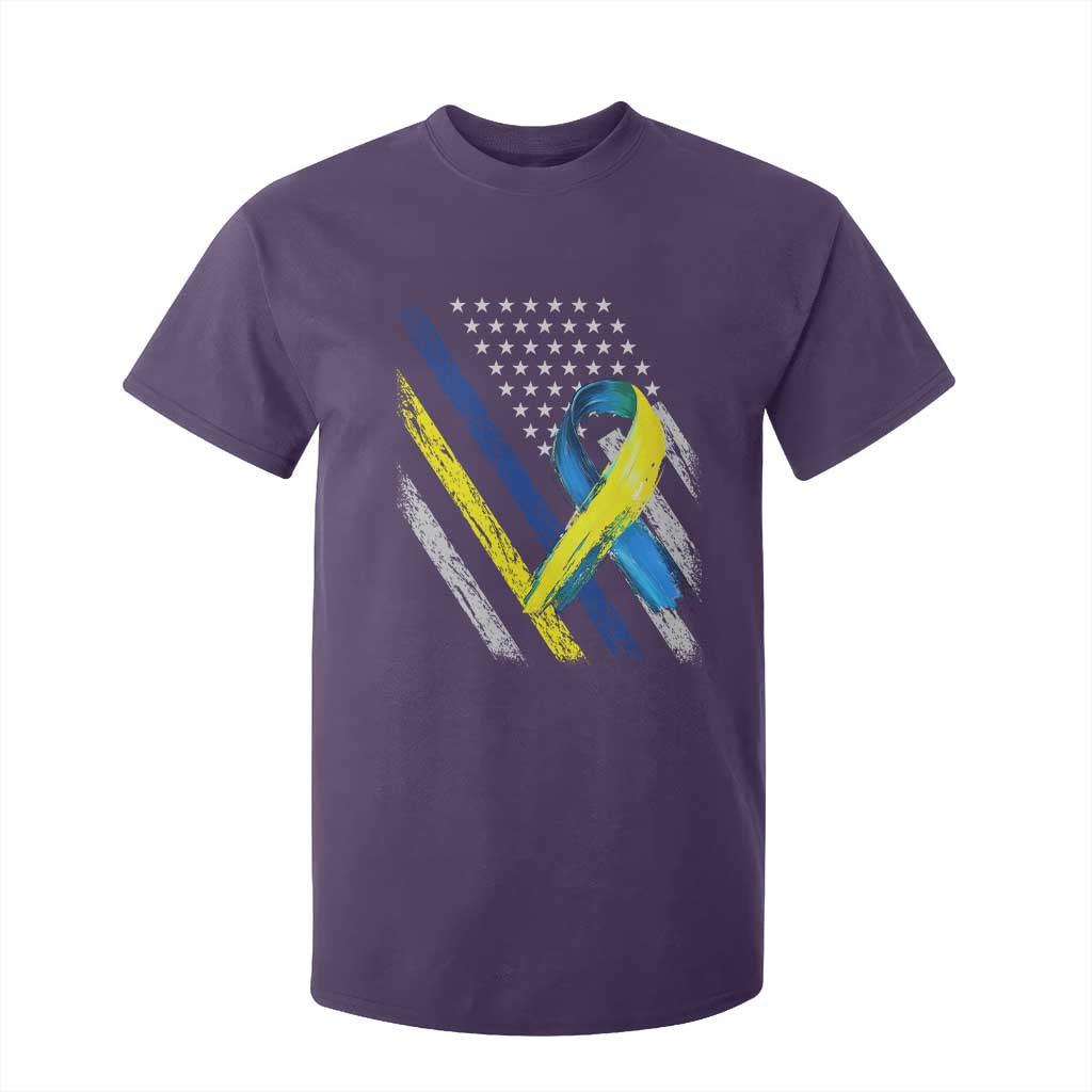World Down Syndrome Day T Shirt For Kid Blue Yellow Ribbon American Flag T21 321