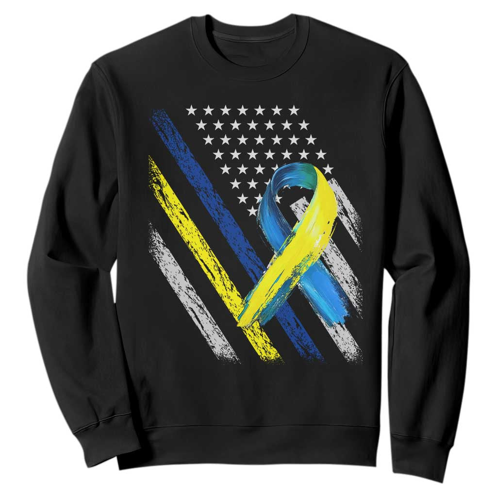 World Down Syndrome Day Sweatshirt Blue Yellow Ribbon American Flag T21 321