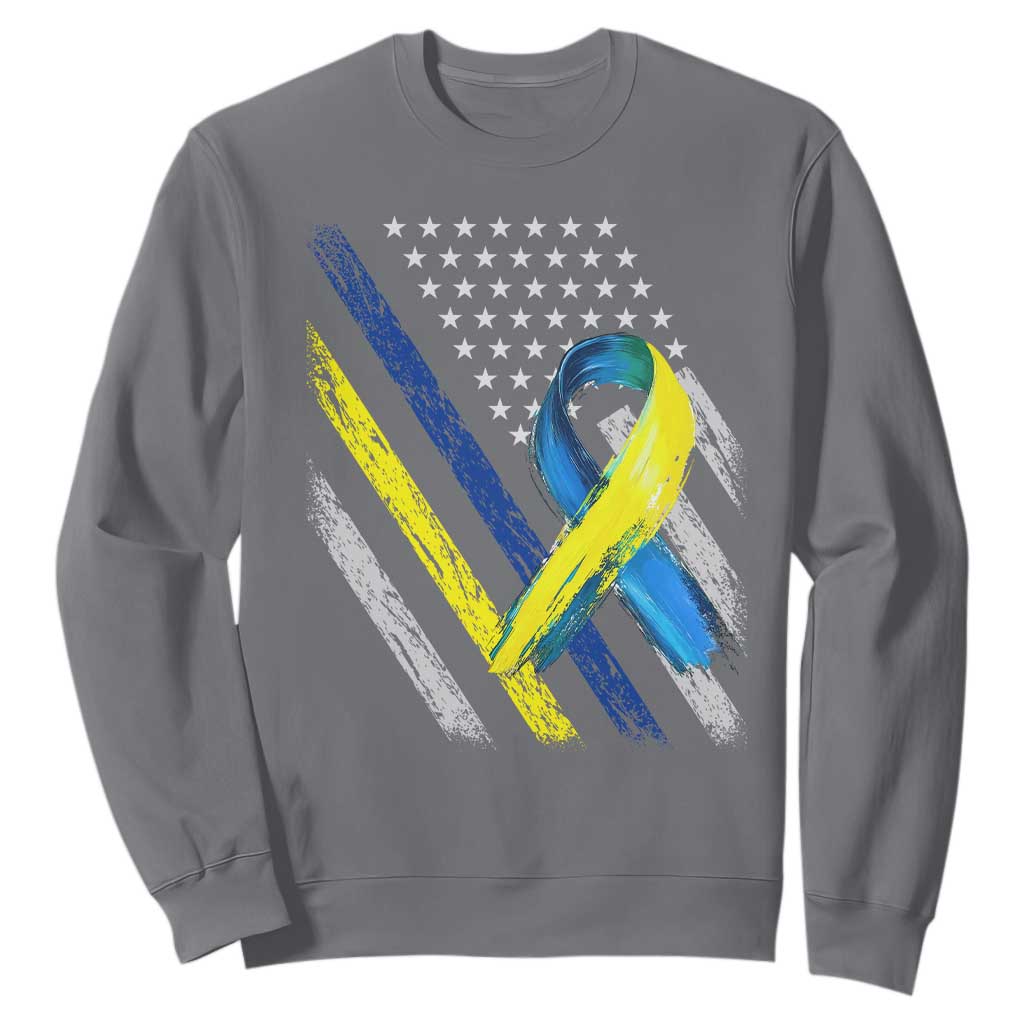 World Down Syndrome Day Sweatshirt Blue Yellow Ribbon American Flag T21 321