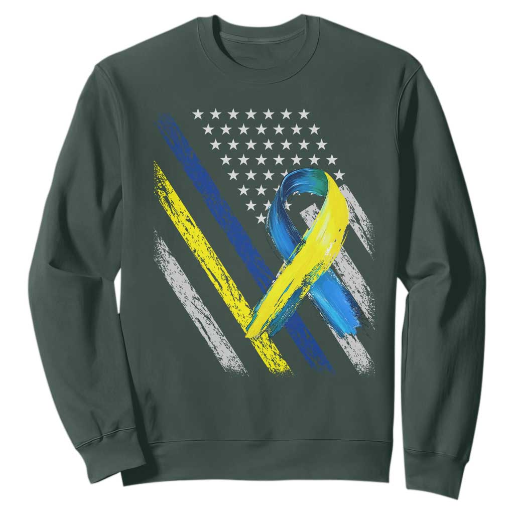 World Down Syndrome Day Sweatshirt Blue Yellow Ribbon American Flag T21 321