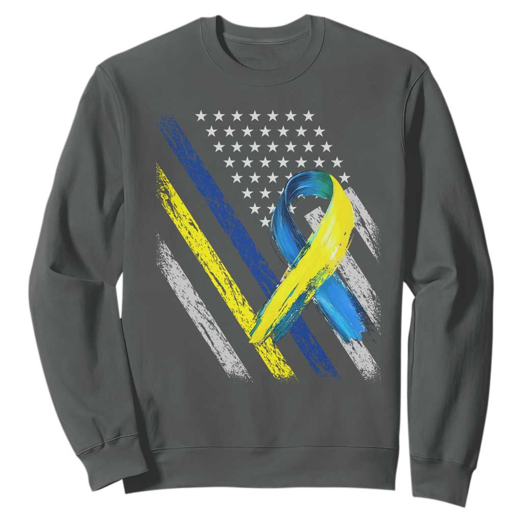 World Down Syndrome Day Sweatshirt Blue Yellow Ribbon American Flag T21 321