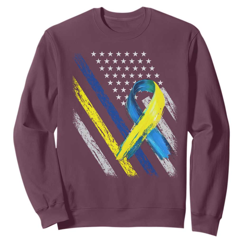 World Down Syndrome Day Sweatshirt Blue Yellow Ribbon American Flag T21 321