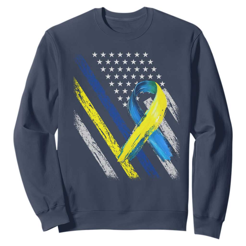 World Down Syndrome Day Sweatshirt Blue Yellow Ribbon American Flag T21 321