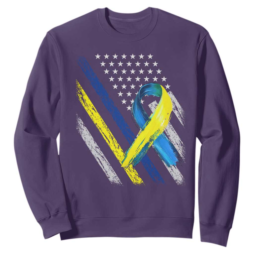 World Down Syndrome Day Sweatshirt Blue Yellow Ribbon American Flag T21 321