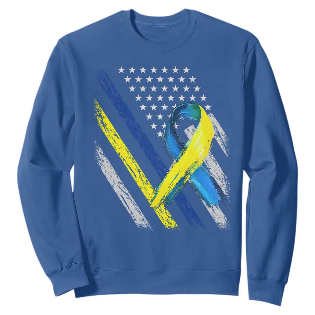 World Down Syndrome Day Sweatshirt Blue Yellow Ribbon American Flag T21 321