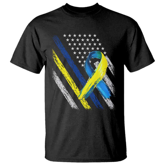 World Down Syndrome Day T Shirt Blue Yellow Ribbon American Flag T21 321