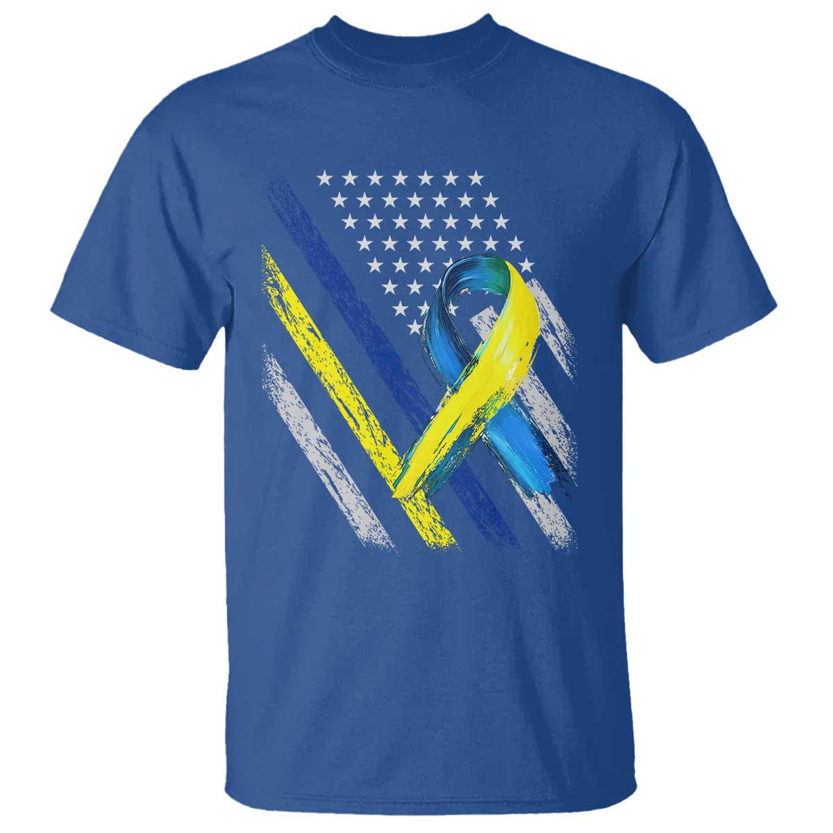 World Down Syndrome Day T Shirt Blue Yellow Ribbon American Flag T21 321